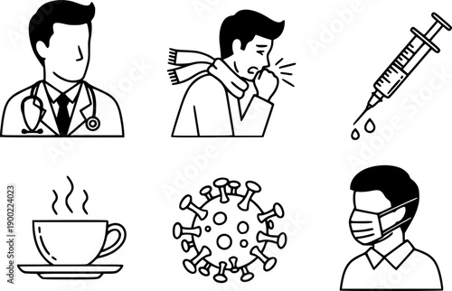 Medical vector icons including doctor profile, coughing patient with scarf, syringe, thermometer, virus, medicine dropper, bottle and masked man silhouette