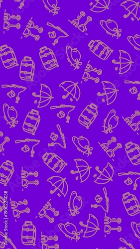 Seamless travel icons pattern on purple background with gold line art Repeatable vector style texture with backpacks umbrellas cameras and binoculars Ideal for packaging textiles web backgrounds.
