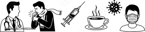 Medical vector icons including doctor profile, coughing patient with scarf, syringe, thermometer, virus, medicine dropper, bottle and masked man silhouette