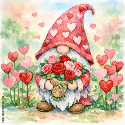 A whimsical gnome sporting a heart-shaped red hat holds a vibrant bouquet of red and pink roses, surrounded by charming heart-shaped flowers 