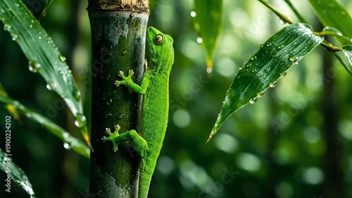 Green gecko climbing bamboo stalk with dew drops on leaves in lush greenery.
