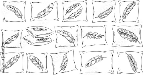 pillows with feather designs isolated vector icons set in minimalist line art style