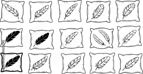 pillows with feather designs isolated vector icons set in minimalist line art style
