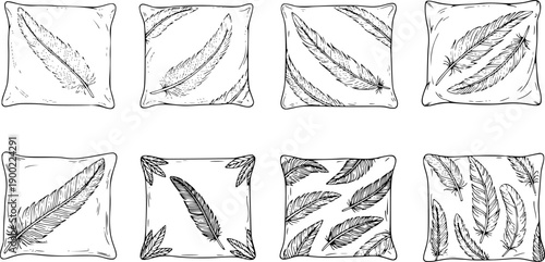 pillows with feather designs isolated vector icons set in minimalist line art style