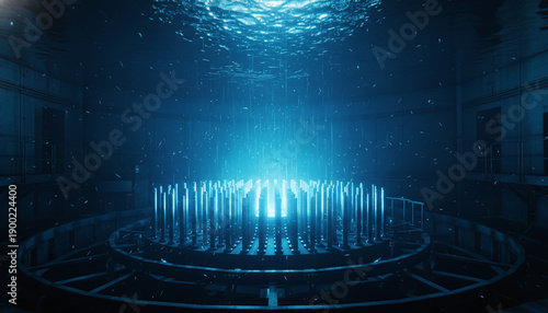 Nuclear reactor core fuel rods emitting bright blue Cherenkov radiation glow