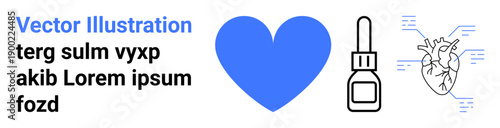 Healthcare, medical analysis, treatments, wellness, diagnostics, cardiology. Blue heart, dropper bottle anatomical heart schematic with data lines. Wellness and medical analysis focus concepts
