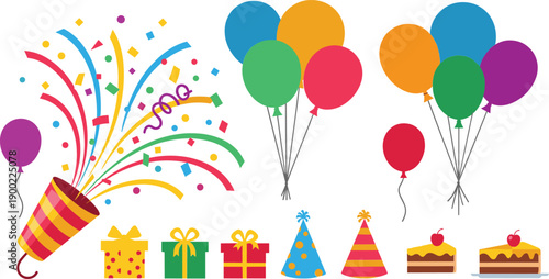 Colorful party celebration elements with balloons and gifts
