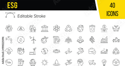 Collection of 40 ESG icons set representing various environmental and sustainability concepts, Editable stroke