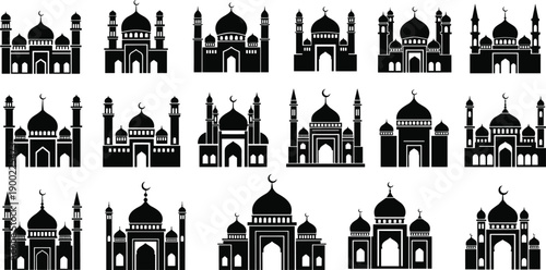 Islamic Mosque Silhouette Icons with Domes, Minarets, Crescent Moons, Religious Architecture, Worship, Eid, Hajj, Mecca, Prayer, Sacred Culture, Faith