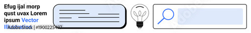 Innovation, technology, communication, search engine, problem-solving, creativity. Design a text box, light bulb icon and magnifying glass. Innovation and technology concept