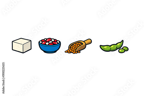 Different types of protein sources displayed on a white background showing tofu, beans, lentils, and edamame in simple shapes