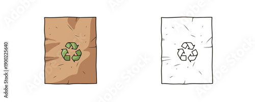 Crumpled brown recycled paper sheet with green recycling symbol and black outline sketch version representing eco friendly waste management isolated on white background