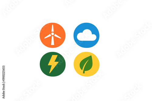 Four symbols representing renewable energy sources and environmental concepts in a simple design for educational purposes