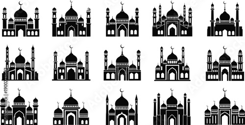 Islamic Mosque Silhouette Icons with Domes, Minarets, Crescent Moons, Religious Architecture, Worship, Eid, Hajj, Mecca, Prayer, Sacred Culture