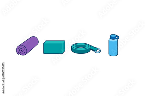 Yoga equipment includes a mat, block, strap, and water bottle for exercises and practice in a studio setting