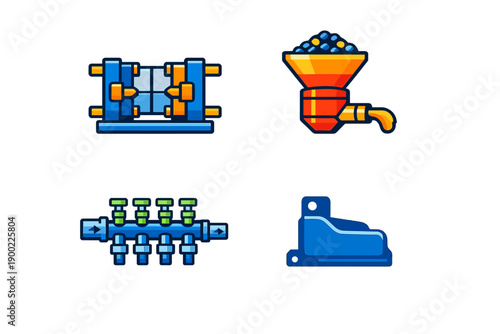 Different types of machinery components used in industrial processes of production and manufacturing seen in a graphic display