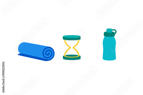 Yoga mat, hourglass, and water bottle arranged on a plain background showing items for workout and relaxation time management