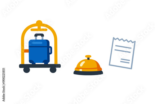 Travel activities at a hotel with luggage, a bell, and a check-in document on a simple background