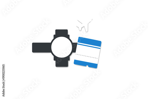 Travel essentials including a watch, boarding pass, and airplane cutout placed on a plain background ready for journey