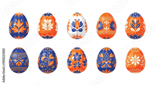 Group of ten decorative Easter eggs with vibrant blue, orange, and white floral patterns, arranged on a pure white