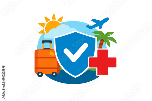 Travel health and safety symbol for vacation planning in summer with plane, sun, and suitcase
