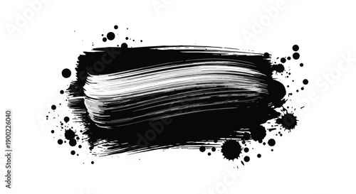 Dynamic black paint stroke with pronounced streaky texture and surrounding splatters, an energetic grunge element