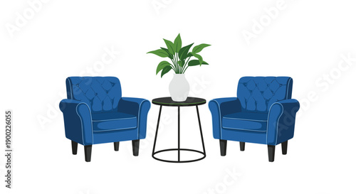 Stylish blue tufted armchairs flanking a round black table with a green plant in a white vase, a cozy furniture setup