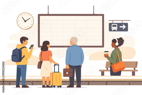 People wait at a train station for their departure times with luggage and phones while checking schedules on a large board