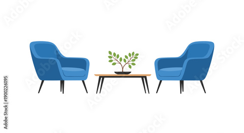 Two modern blue armchairs flanking a minimalist rectangular wooden table with a small green plant, a sleek furniture