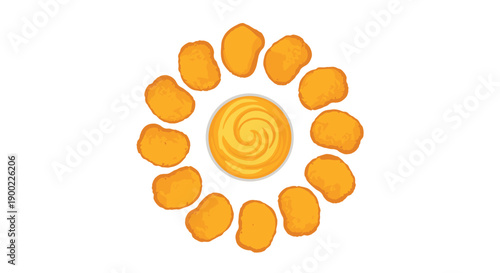 Delicious chicken nuggets arranged in a perfect circle around a bowl of creamy dipping sauce, a tasty snack isolated on