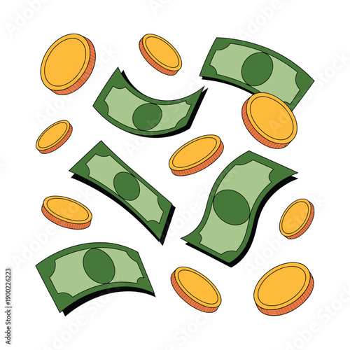 A cartoon illustration of money flying through the air with green bills and gold coins.