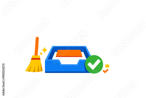 Cleaning and organizing a storage box with a broom and a checkmark symbol in a digital space