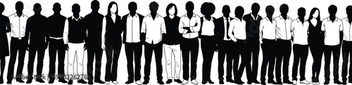 Silhouettes of 21 individuals in line with varied attire and one expressive raised-arm figure