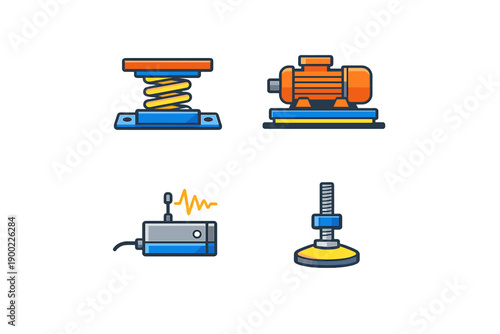 Different types of mechanical devices are shown together, including a spring, motor, controller, and magnet, used in various industry settings