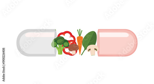 Open capsule filled with fresh vegetables including broccoli, bell pepper, carrot, spinach, and mushroom, symbolizing
