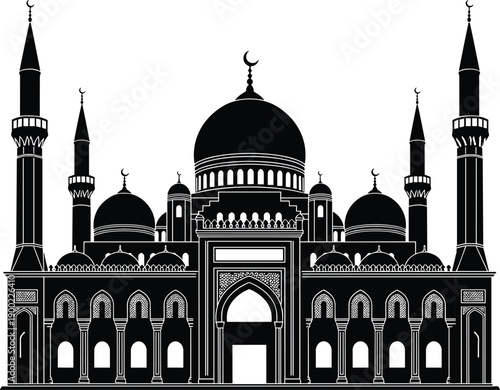 Islamic Mosque Silhouette with Domes, Minarets, Crescent Moon, Religious Architecture, Worship Place, Eid, Hajj, Mecca, Prayer, Culture, Sacred Art