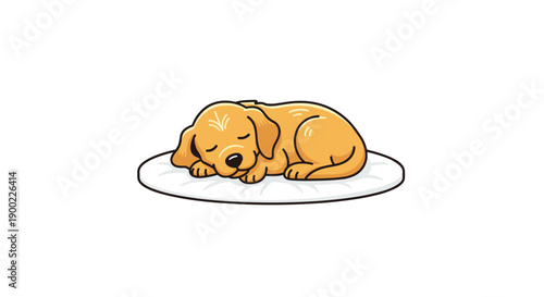 Cute golden retriever puppy peacefully sleeping on a soft white cushion, a charming and cozy cartoon illustration
