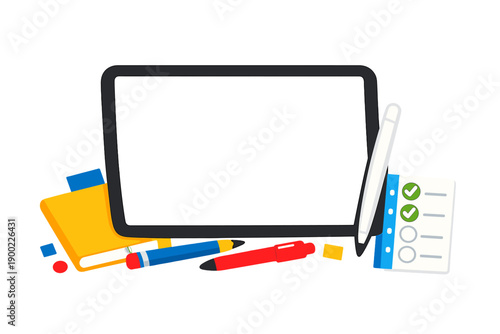 Tablet with blank screen and school supplies on a table during study time in a classroom setting in the afternoon