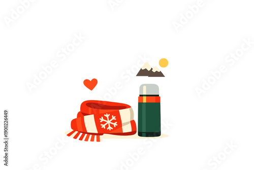 Warm scarf and thermos sit near snowy mountains under sunlight in winter scene with heart symbol above
