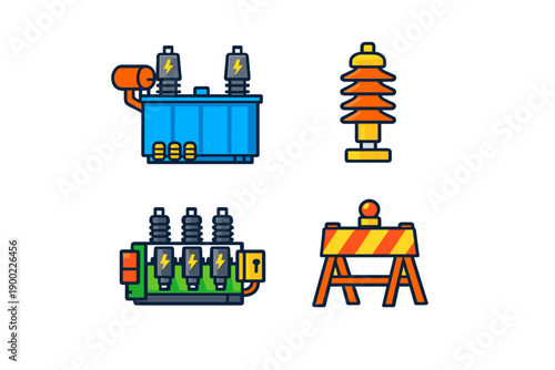 Electric equipment and construction tools shown in colorful illustrations with power-related items and a caution sign displayed in a simple layout