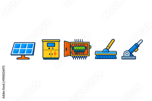 Different types of equipment and tools used for energy and cleaning in a workshop setting during daytime