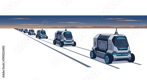Pixel art convoy of futuristic autonomous delivery vehicles traveling in a straight line, illustrating modern logistics