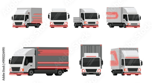 Collection of modern white delivery trucks with dynamic red line accents, showcasing various angles of commercial