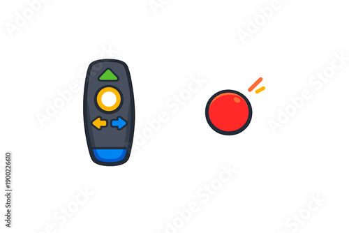 Remote control and red button sit next to each other on a simple white background with no other objects or details present