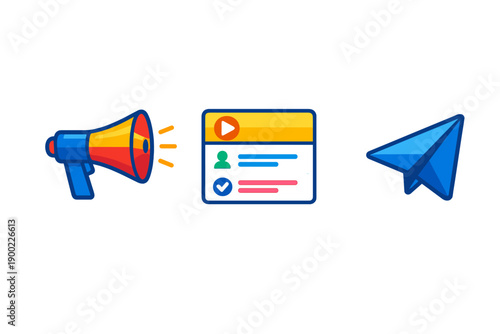 Graphic showing a loudspeaker, a user interface, and a paper airplane in a digital communication theme during a modern online event
