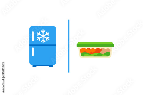 Kitchen tools include a refrigerator for storing food and a container for meal prep black