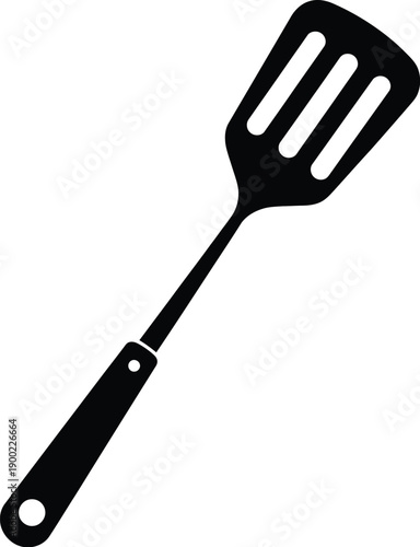 A minimalist black and white vector illustration of a slotted spatula for cooking and kitchen use
