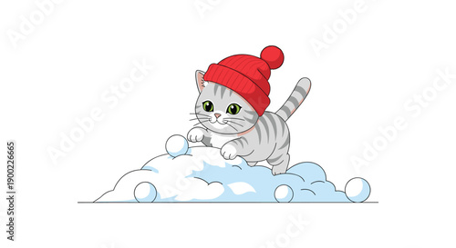 Adorable grey kitten wearing a festive red winter hat playing playfully with snowballs in a cheerful scene