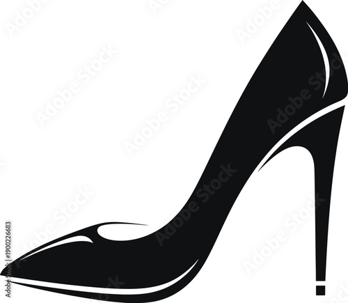 A minimalist black-and-white vector illustration of a sleek high heel pump, symbolizing modern elegance, sophisticated fashion, and women's footwear style