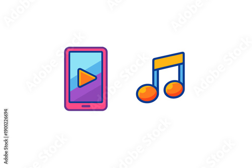 Colorful smartphone and music note icons placed side by side on a white background showing digital media concept and entertainment